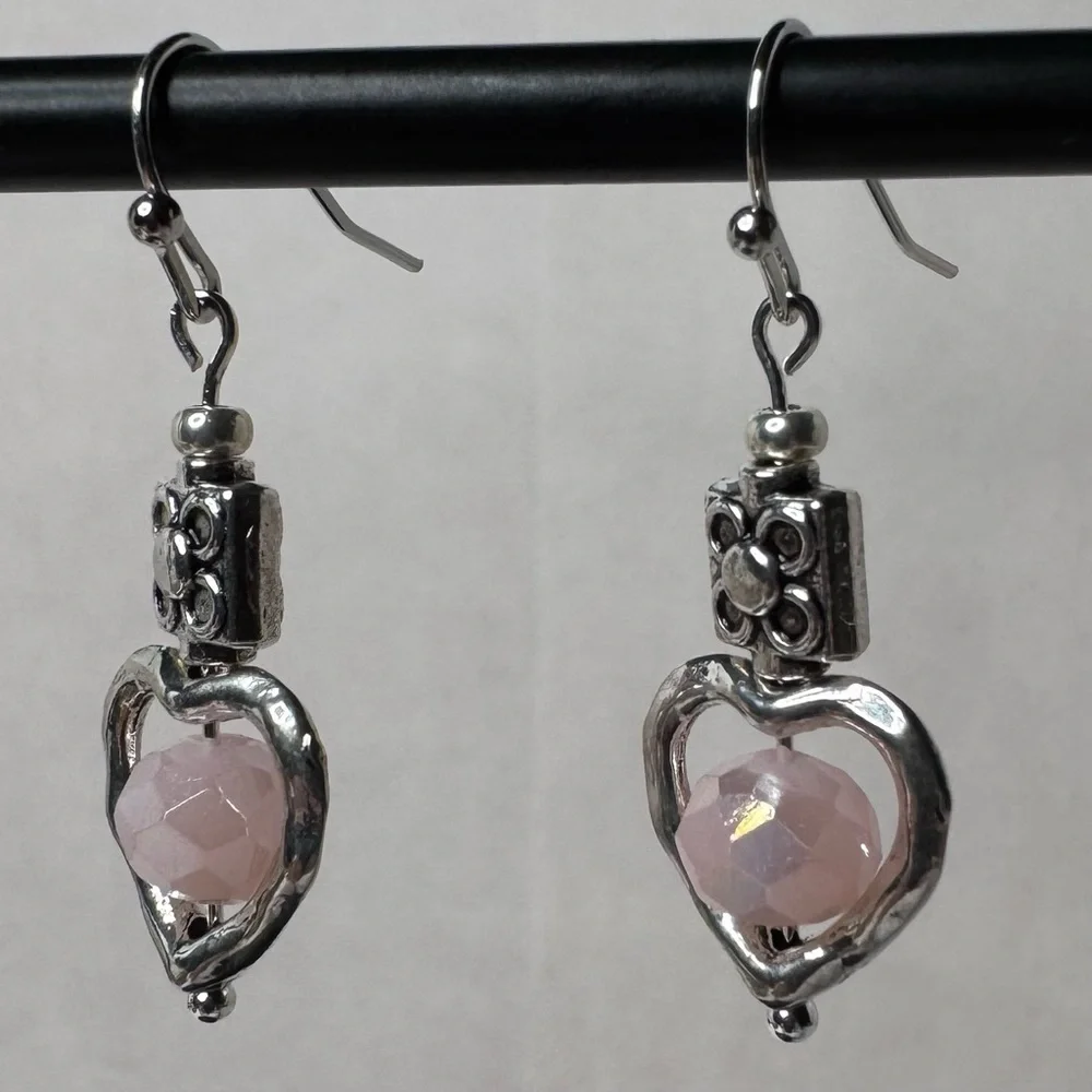HAND CRAFTED Floral Heart Earrings 1 1/2” Silver Pink NWT